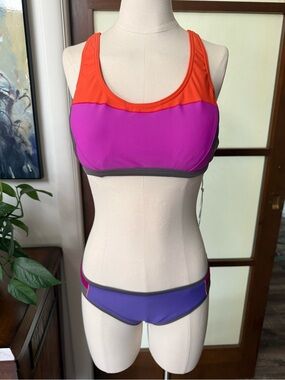 Prana Colorblock Orange Pink Purple Sports Bikini Size Large